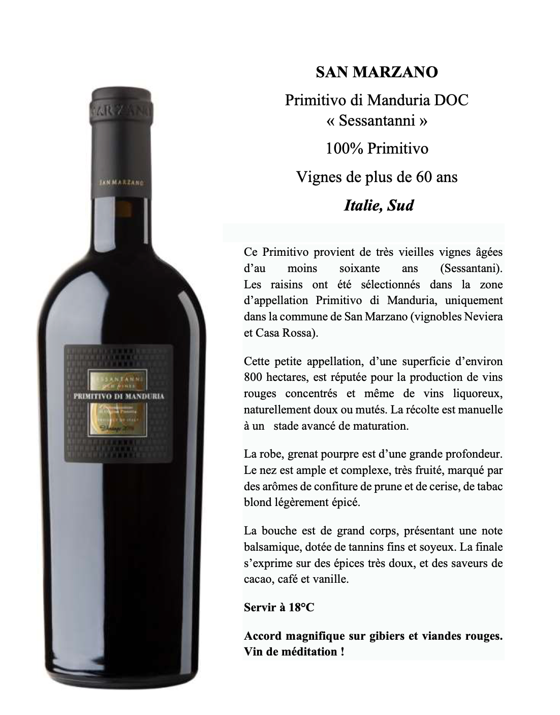 SAN MARZANO Primitivo di Manduria DOC « Sessantanni »