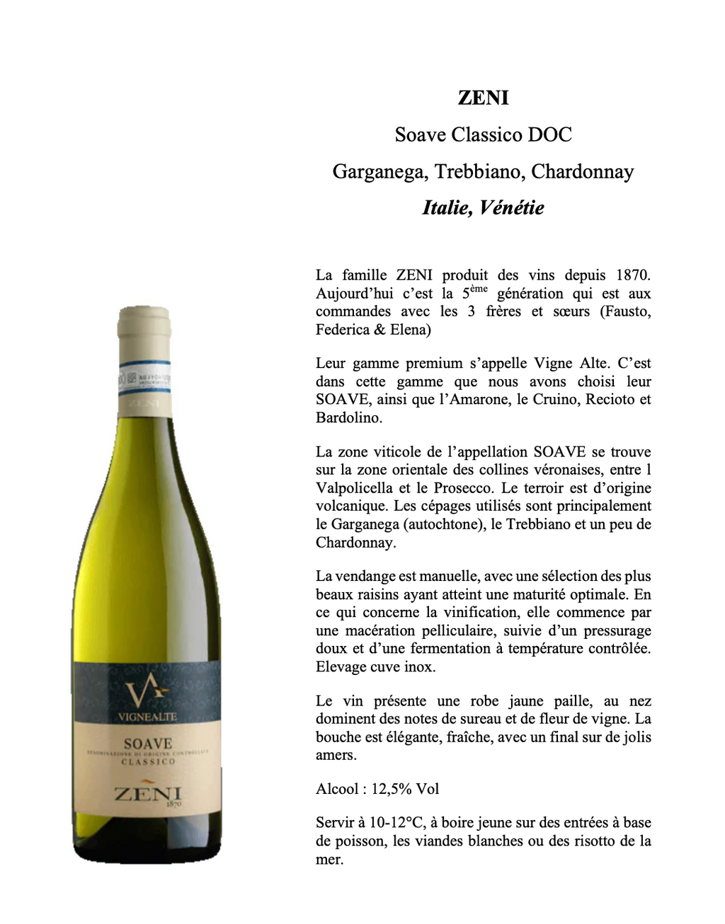 Soave Classico DOC - Vin Blanc Italien Vénétie Zeni Vigne Alte