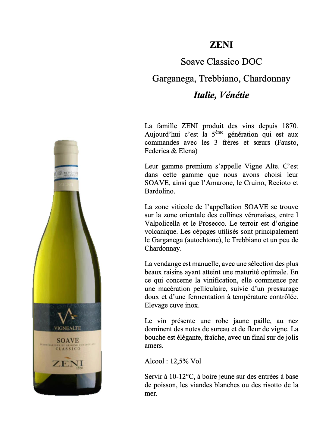 Soave Classico DOC - Vin Blanc Italien Vénétie Zeni Vigne Alte