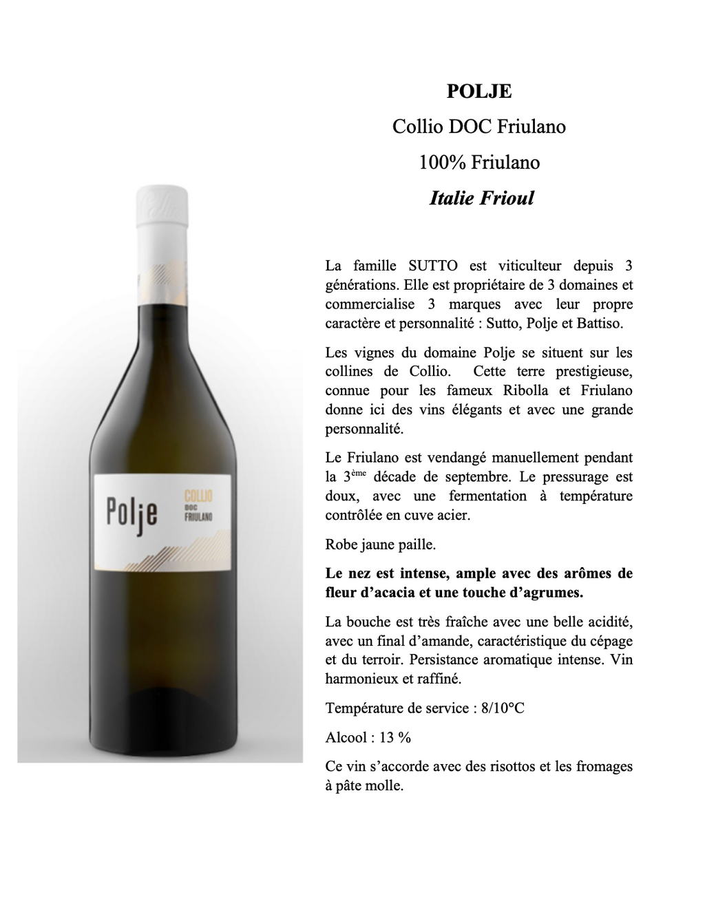Collio DOC Friulano Polje - Vin Blanc Italien 100% Friulano Sutto