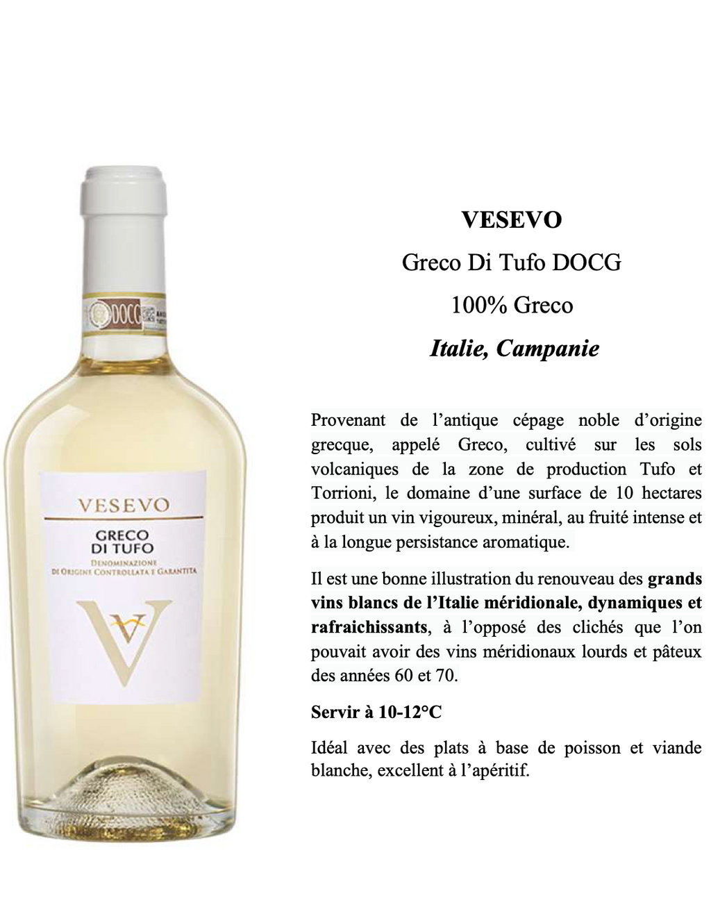 Greco di Tufo DOCG - Vin Blanc Italien 100% Greco Vesevo Campanie