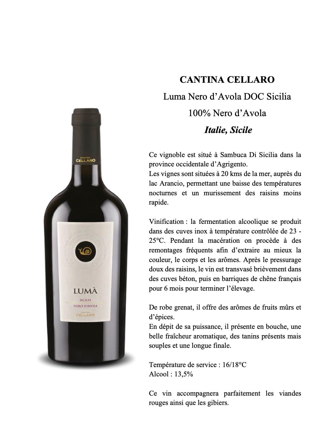 Luma Nero d'Avola DOC Sicilia 2021 - Vin Rouge Sicilien Cantina Cellaro