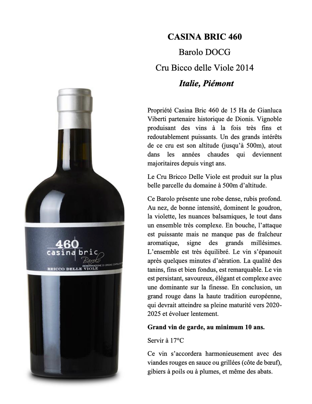 Barolo DOCG Bricco Delle Viole - Casina Bric 460 Piémont Viterbi