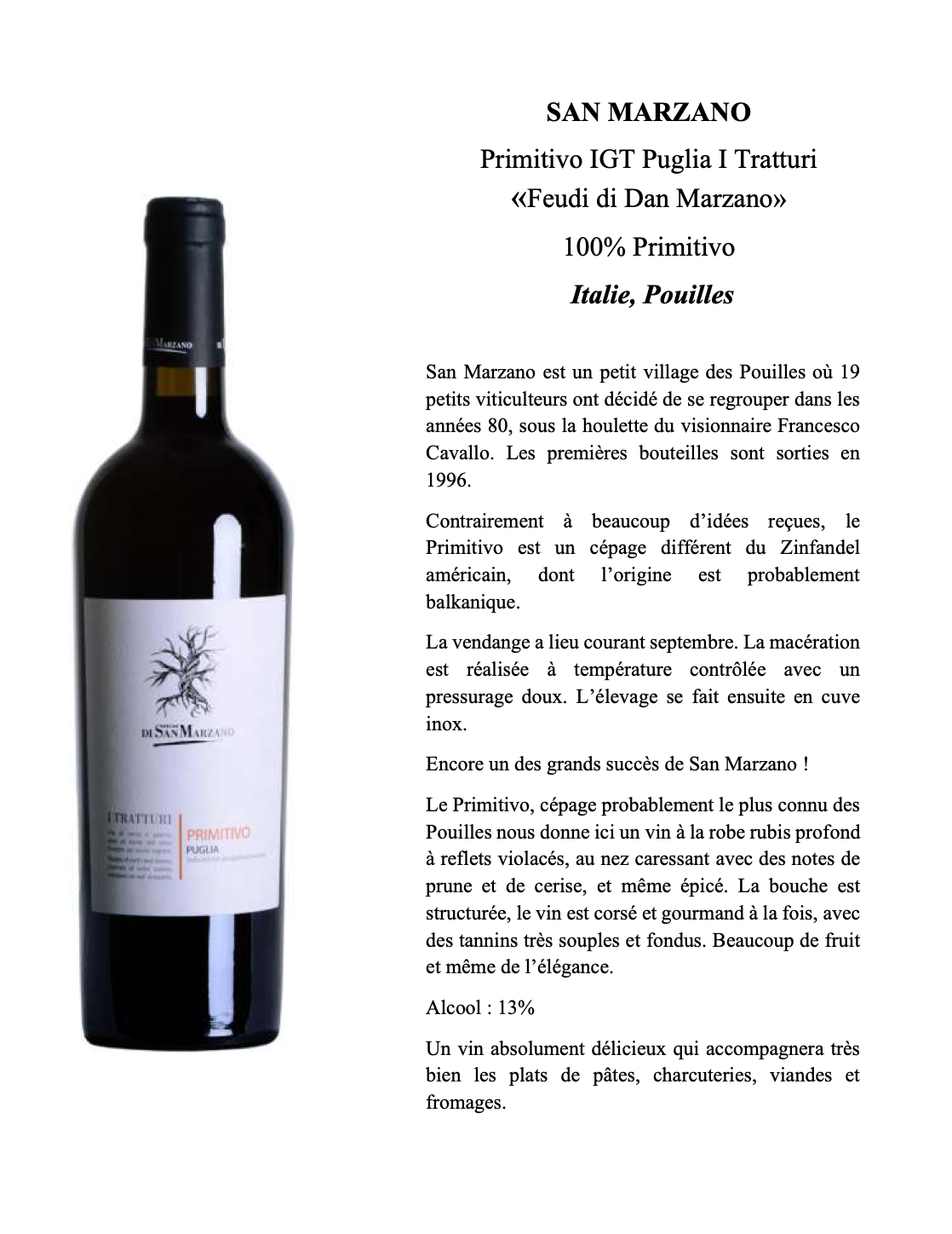 San Marzano Negroamaro Puglia IGT - Vin Rouge 100% Negroamaro Pouilles