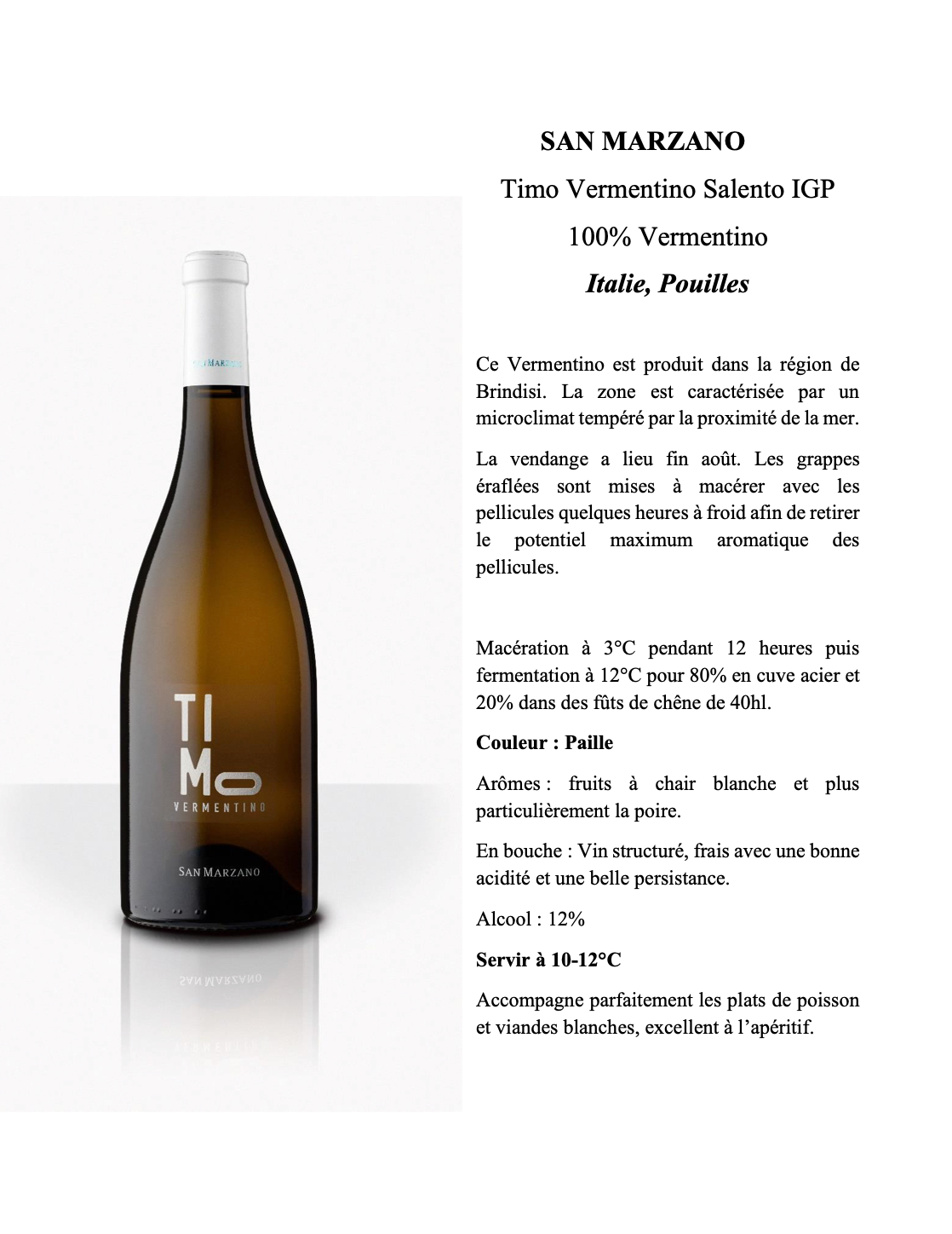 San Marzano Timo Vermentino Salento IGP - Vin Blanc 100% Vermentino Pouilles