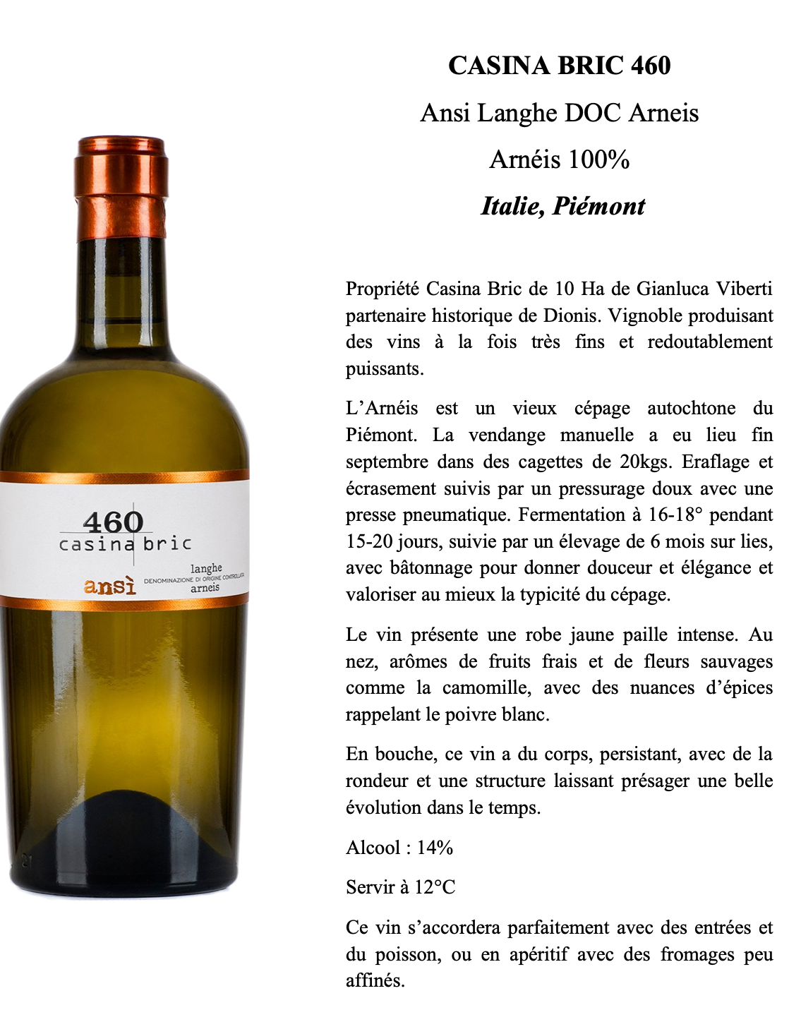 Ansi Langhe DOC Arneis - Vin Blanc Italien 100% Arnéis Piémont