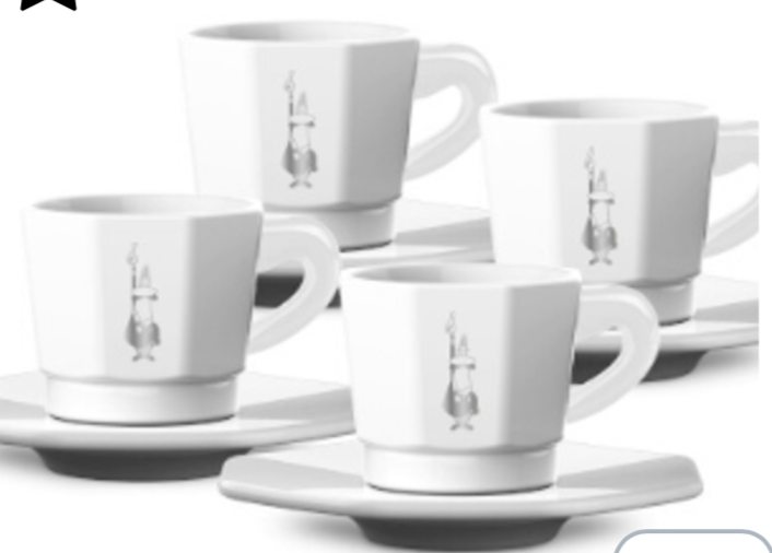 Bialetti Set de 4 tasses octogonales - blanc et argent ou noir et or rose- 75 ml